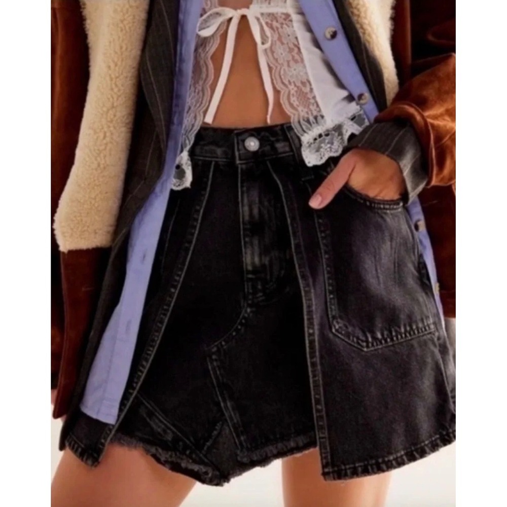 We The Free Bare With Me Denim Skirt Black Distressed Raw Hem Mini 26